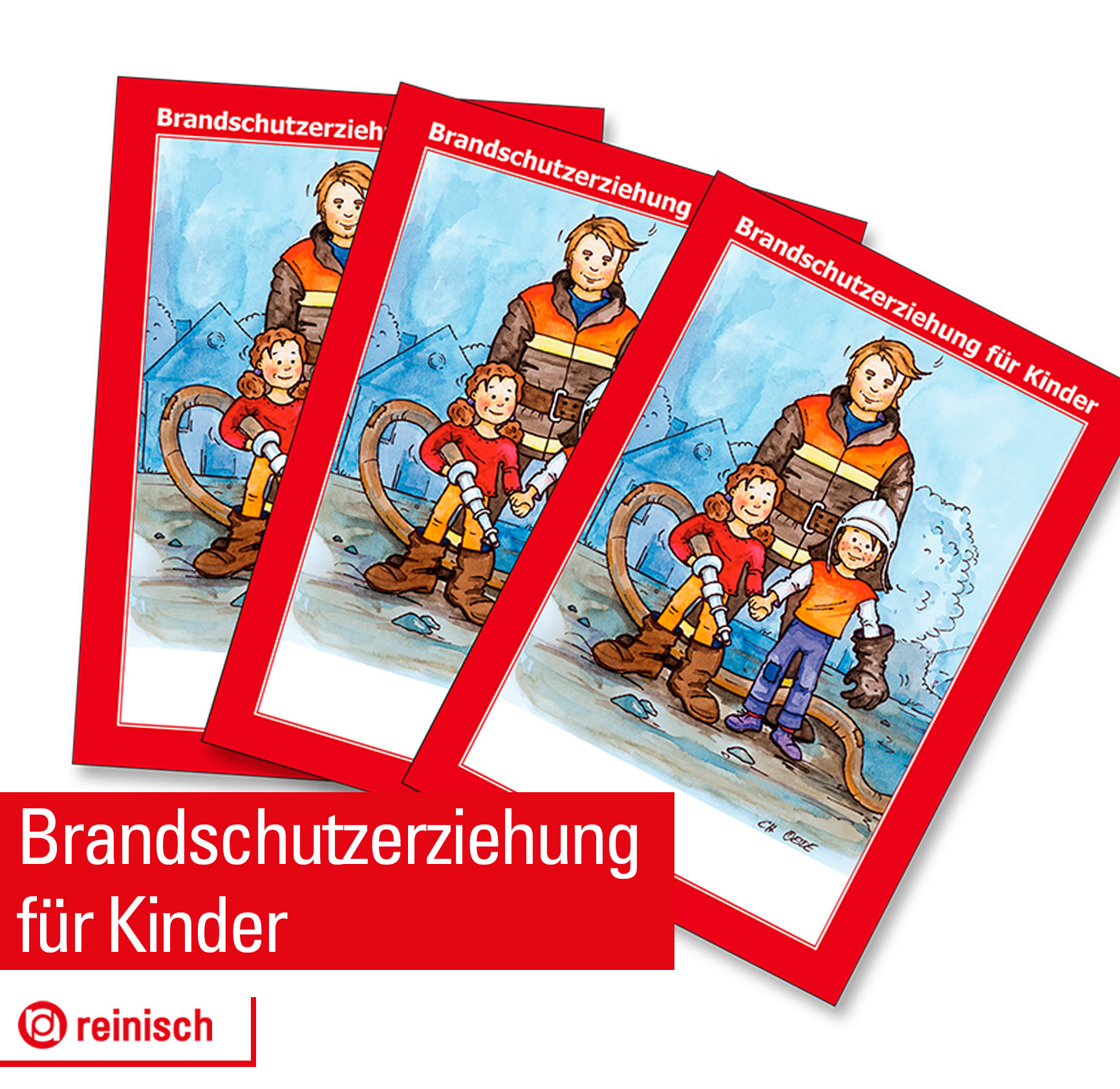 Brandschutzerziehungsbücher für Kinder. Gezeichnete Feuerwehrkräfte mit Kindern.