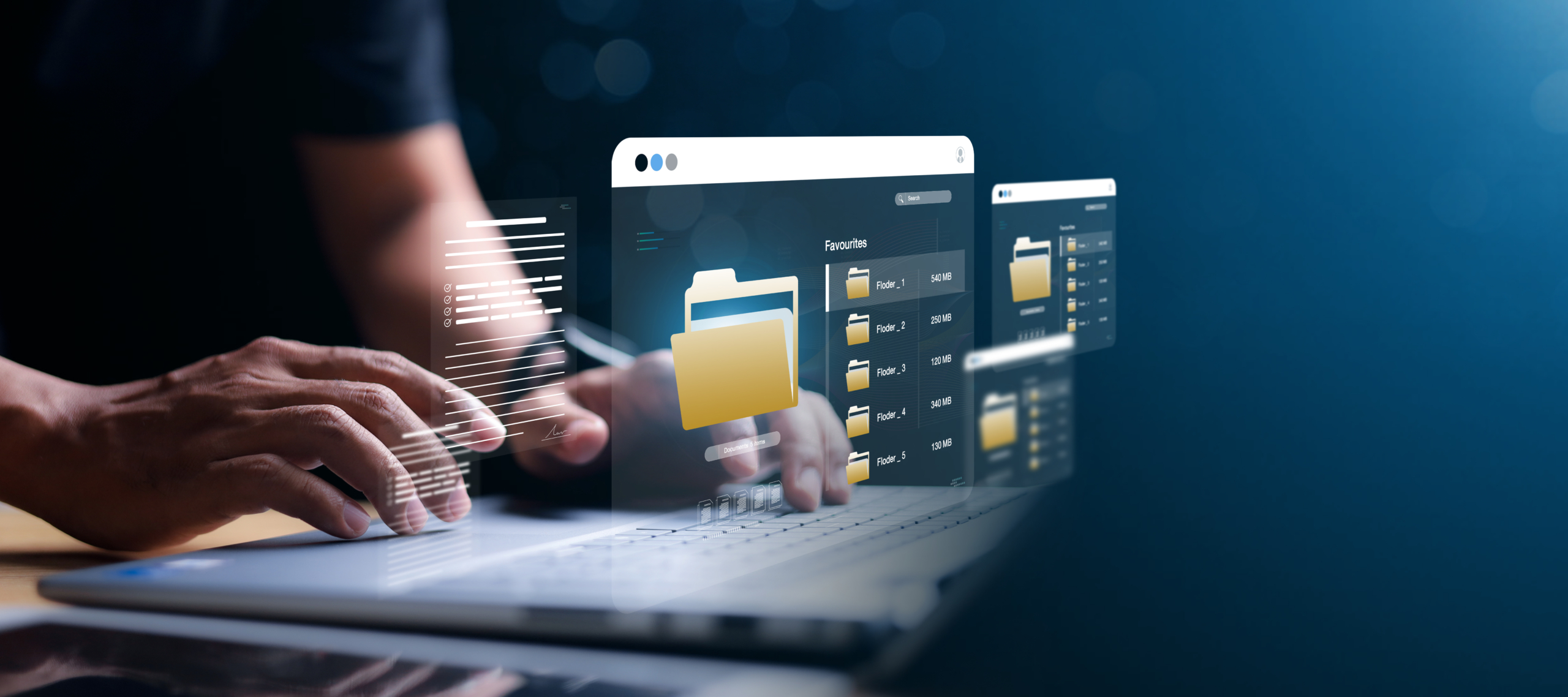 Laptop mit Hand und vielen verbundenen Ordnersymbolen