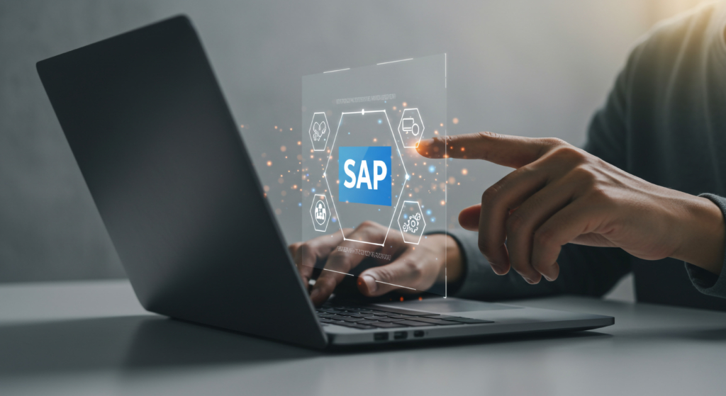 Laptop mit Hand und vielen verbundenen Ordnersymbolen