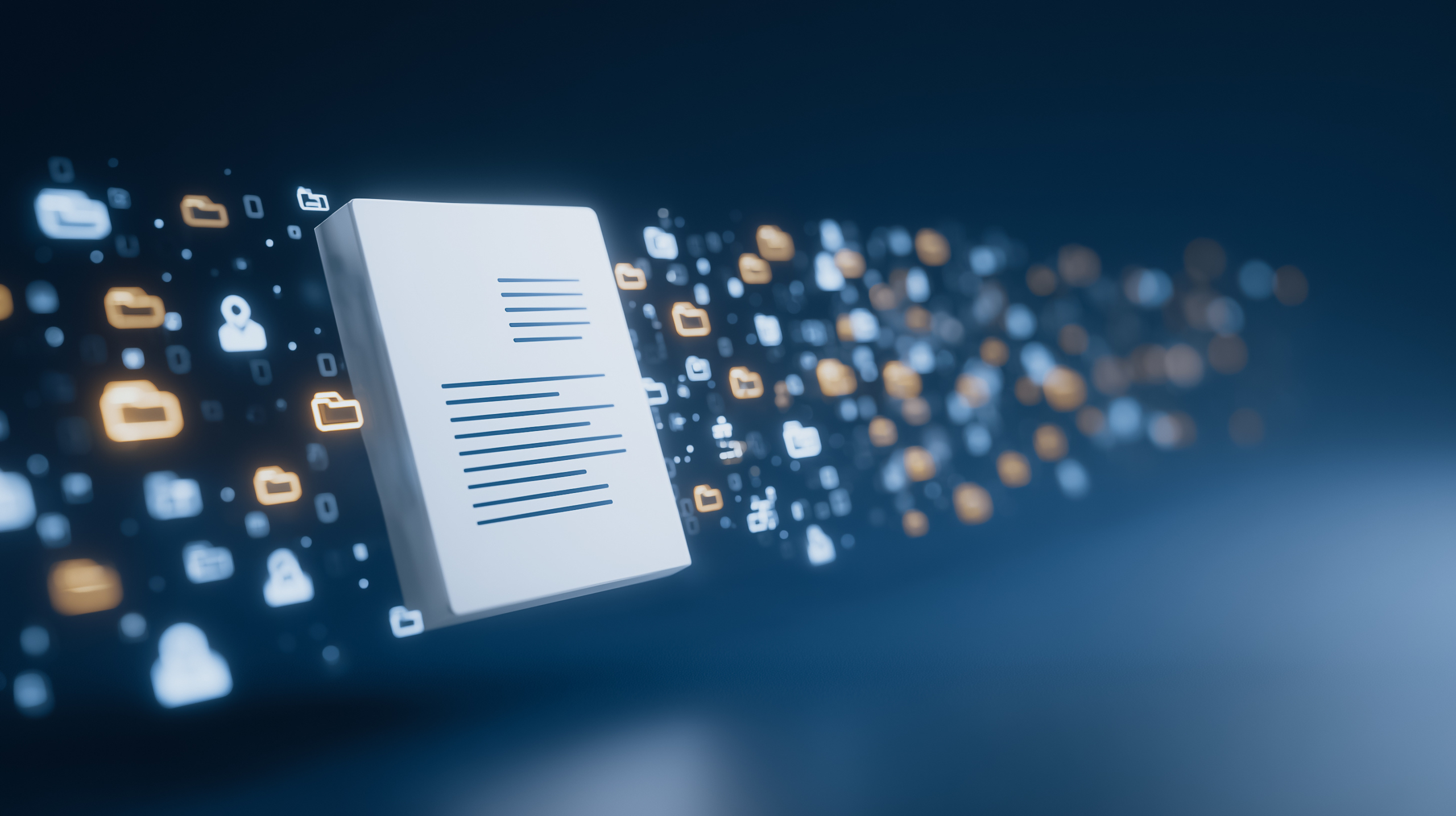 Laptop mit Hand und vielen verbundenen Ordnersymbolen