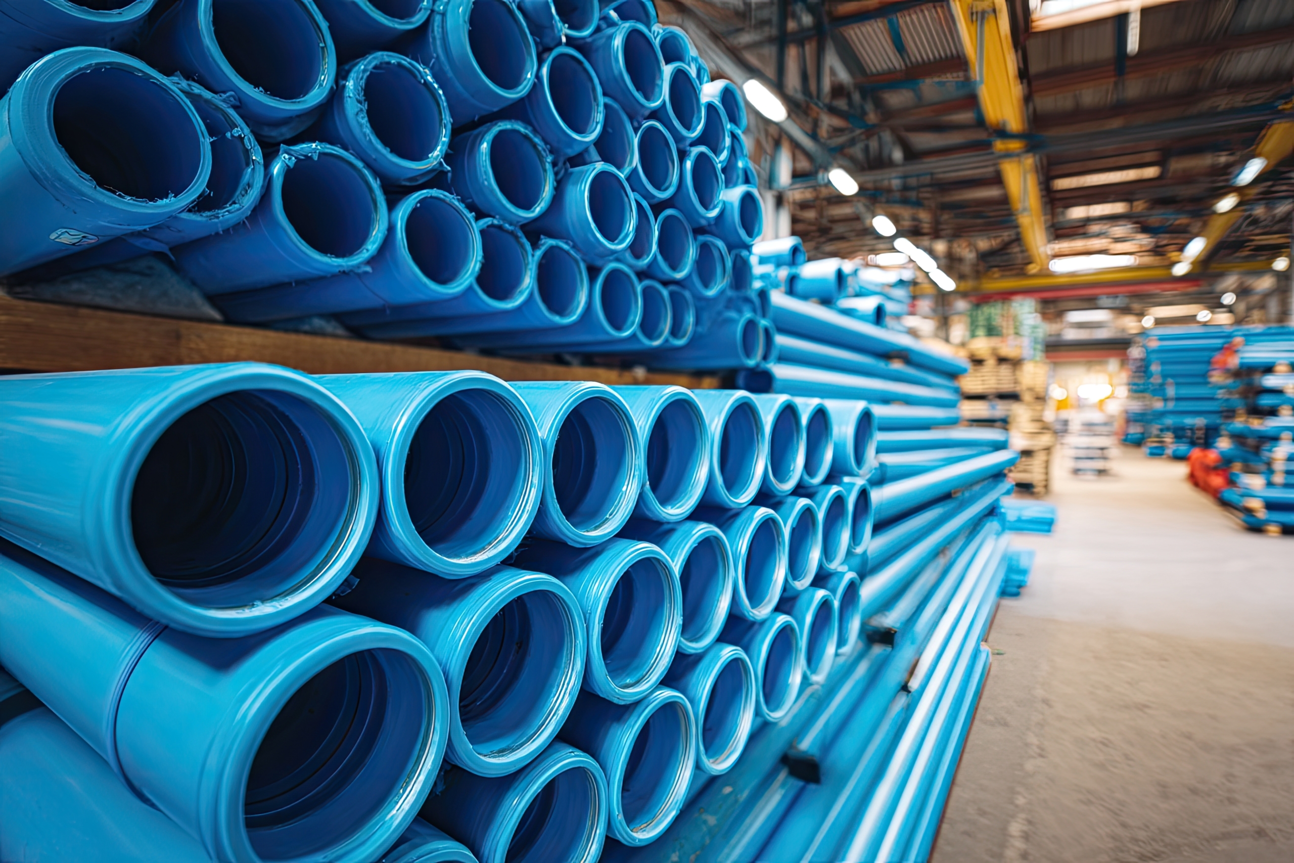 Stacked blue plastic pipes in a warehouse. Close-up view Bauprodukte
