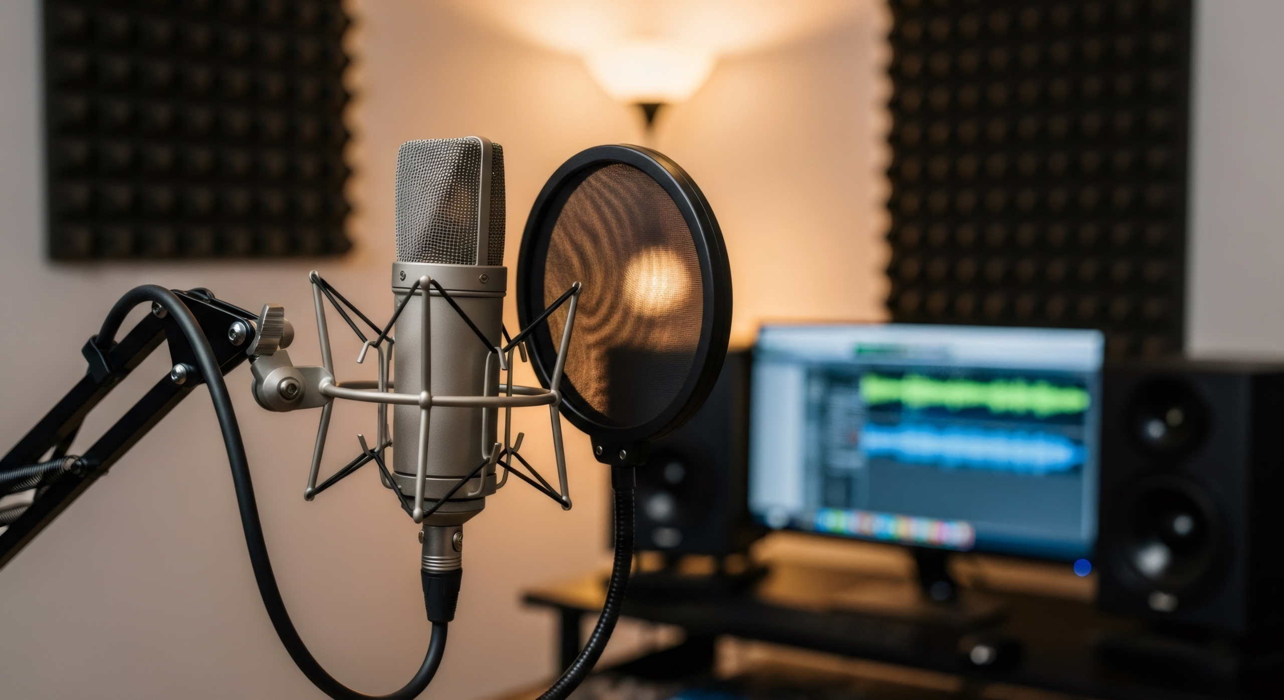 Professional condenser microphone with pop filter in a home recording studio setup. Audio production environment for podcast, music.