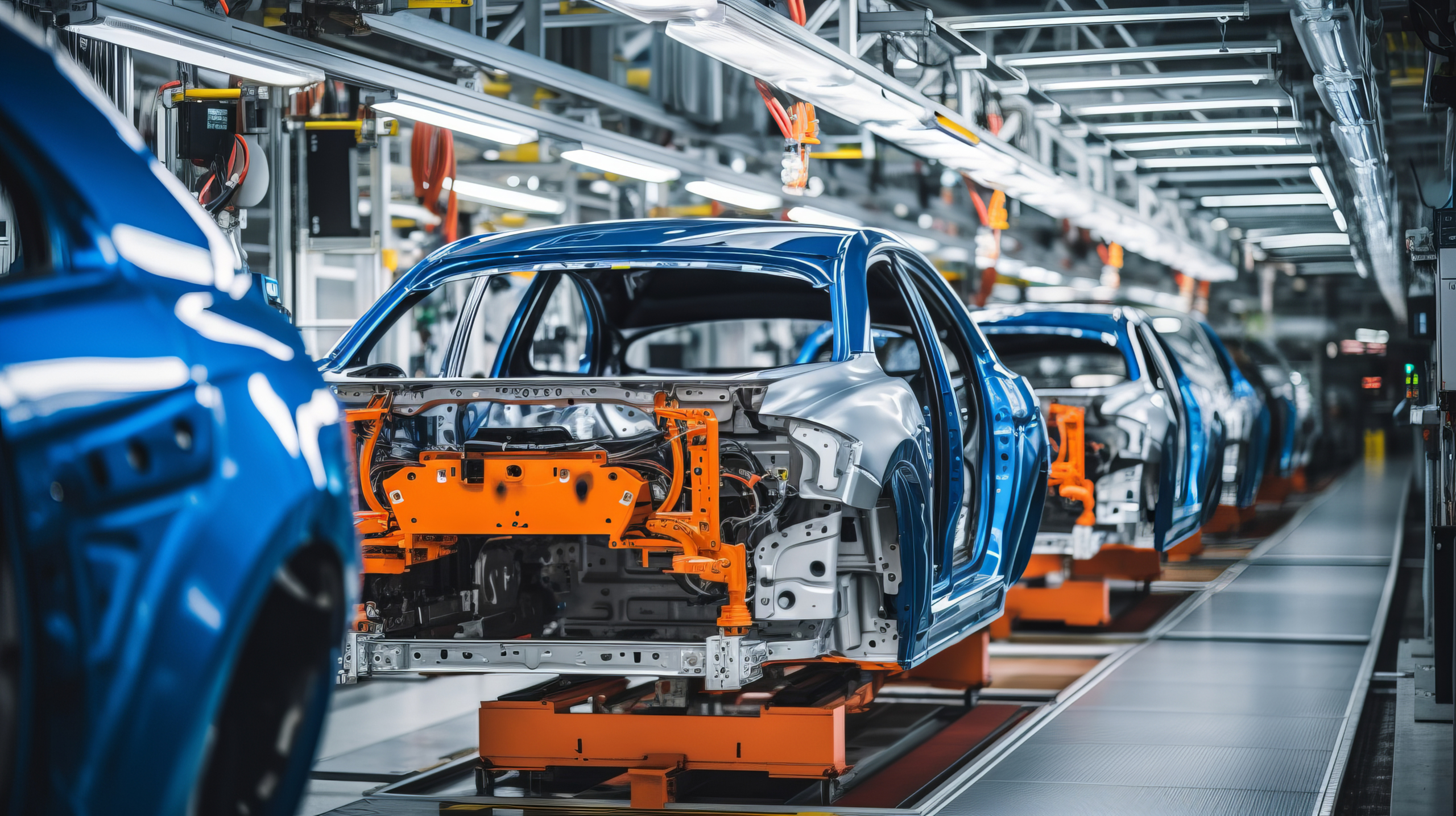 Mass production assembly line of modern cars in a busy factory Bahntechnik