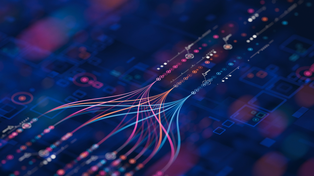 Laptop mit Hand und vielen verbundenen Ordnersymbolen